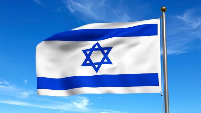 Israeli Flag Waving in the Wind Against a Blue Sky. - Powered by Adobe