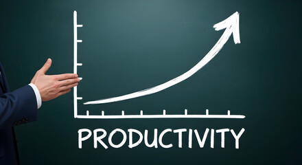 Businessman presents productivity growth chart with an upward trending arrow on a chalkboard showcasing business success and positive performance metrics for financial analysis and strategic planning