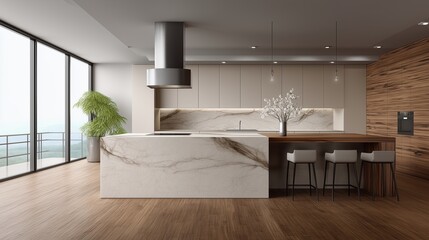 Modern Kitchen Interior: An immaculately designed kitchen with modern aesthetic, featuring an island and natural wood elements