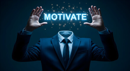 Headless businessman in a suit with hands raised displaying the word motivate in glowing letters representing inspiration success and achievement in business and personal development