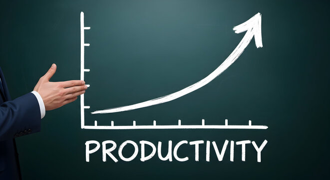 Businessman presents productivity growth chart with an upward trending arrow on a chalkboard showcasing business success and positive performance metrics for financial analysis and strategic planning