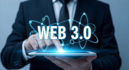 Businessman presents web 3.0 technology on a digital tablet with atom graphics showcasing innovation future trends and the next generation of the internet and blockchain technology