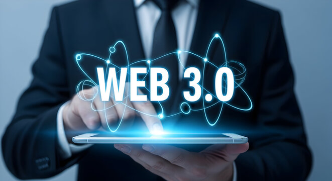 Businessman presents web 3.0 technology on a digital tablet with atom graphics showcasing innovation future trends and the next generation of the internet and blockchain technology