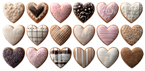 Heart Love shape cookie cookies biscuit, sprinkle and icing set, on transparent background cutout. PNG file. Many assorted different design. Mockup template for artwork design