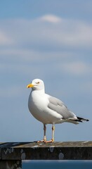 Obraz premium Seagull Perched on Wood Against a Blue Sky.