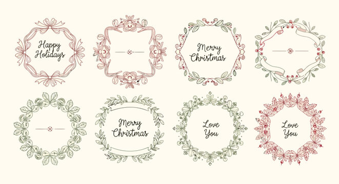 Elegant collection of floral wreaths with holiday greetings and decorative frames