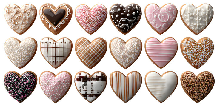 Heart Love shape cookie cookies biscuit, sprinkle and icing set, on transparent background cutout. PNG file. Many assorted different design. Mockup template for artwork design