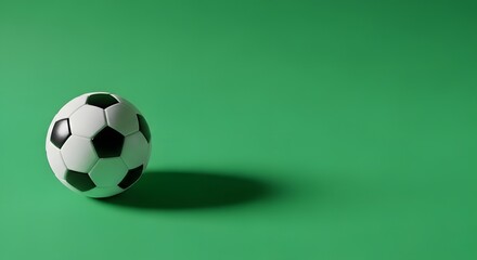 A classic black and white soccer ball resting on a vibrant green background with a soft shadow beneath it