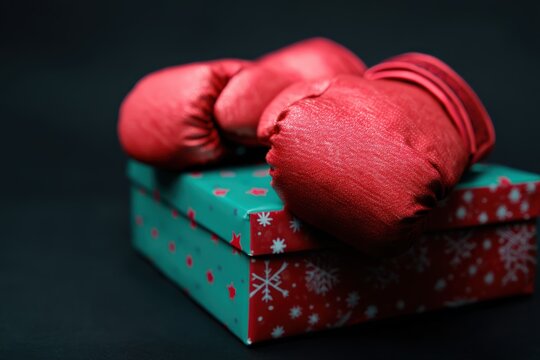 Red boxing gloves resting on a festive gift box, celebrating holiday competition, strength, and giving