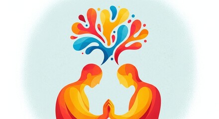 Vibrant graphic depicting individuals sharing thoughts, fostering collaborative idea exchange and communication