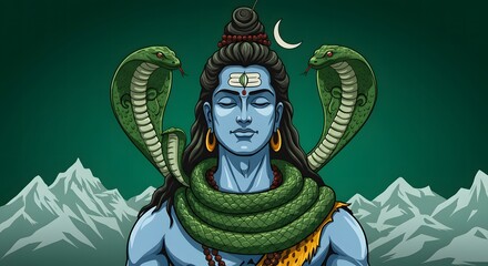 Lord Shiva illustration with snakes and mountains, Hindu God cartoon art style
