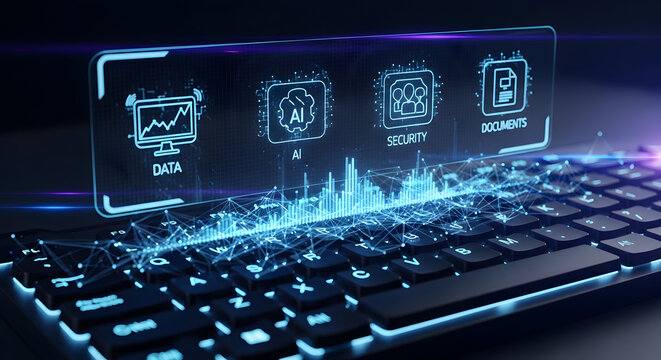 Digital Transformation and Technology Icons on Keyboard.