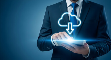 Businessman in a suit uses a tablet with a cloud download icon representing cloud computing data transfer and modern technology solutions for business and personal use on a blue background