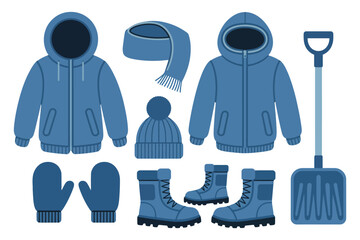 Cold weather vector set including parkas, knit hats, scarves, gloves, insulated boots, and snow shovel, perfect for winter sports, fashion, outdoor activity, and seasonal