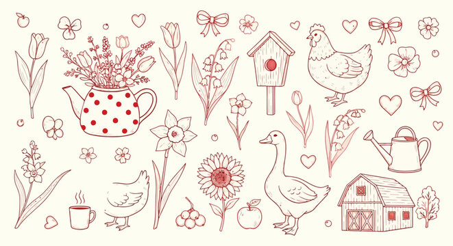 Handdrawn farmhouse and nature elements including flowers, birds, and teapots