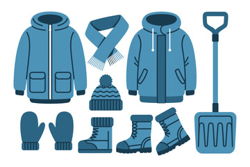 cold weather apparel and equipment, including parkas, knit hat, scarf, insulated boots, gloves, and snow shovel. Perfect for winter fashion and outdoor activity illustrations