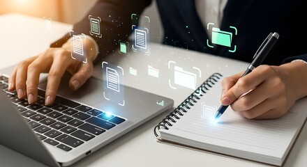 Digital Workflow - Hands Typing on Laptop and Writing Notes with Data Icons.