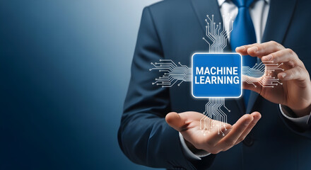 Businessman presents machine learning concept with digital chip in hand showcasing artificial intelligence and technology innovation for business solutions and future trends in data science