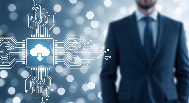 Cloud computing concept with a businessman in a suit showcasing data storage and network solutions for modern business and technology infrastructure with a focus on innovation