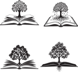 Tree of Knowledge Silhouettes – Minimalist Black & White Vector Icons of Growth from Books