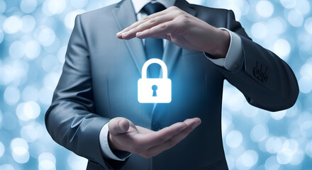 Businessman in a suit protects a glowing padlock with his hands symbolizing data security cybersecurity and digital protection against cyber threats in a modern technology environment