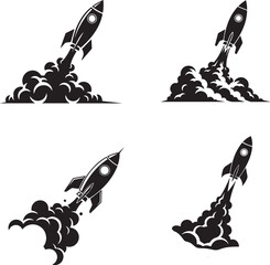 Rocket Launch Silhouettes – Minimalist Black & White Vector Icons of Space Exploration and Innovation