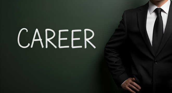 Businessman in a suit stands next to a chalkboard with the word career written on it in white chalk symbolizing professional development and growth opportunities for job seekers and career advancement