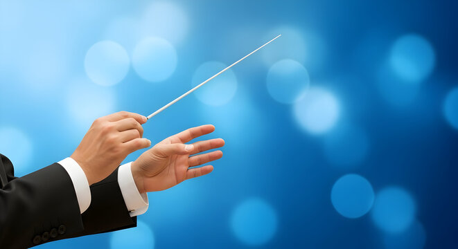 Orchestra conductor leading with baton against a bokeh blue background showcasing musical direction and performance artistry in a symphony of light and sound creating a vibrant atmosphere