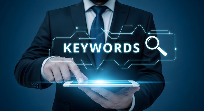 Businessman in a suit interacts with a digital tablet displaying the word "keywords" and a magnifying glass representing search engine optimization and digital marketing strategies for online visibili