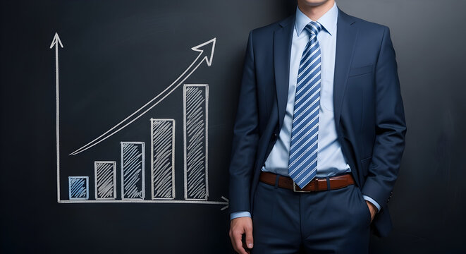 Businessman in a suit stands next to a chalkboard with a handdrawn bar graph showing upward growth and success symbolizing financial progress and positive business trends in the market analysis