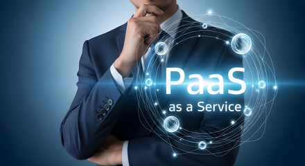 Businessman in a suit contemplates PaaS (Platform as a Service) solutions showcasing cloud computing technology and innovative business strategies for IT infrastructure and digital transformation succ