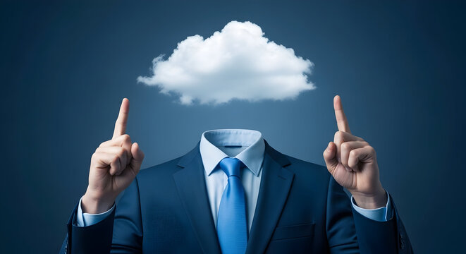 Faceless businessman in a suit pointing to a cloud above his head symbolizing cloud computing data storage and innovative technology solutions for business and professional applications