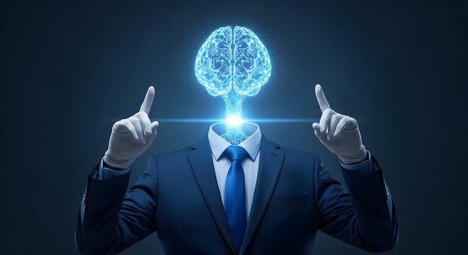 Headless businessman in a suit with a glowing brain above his collar pointing upwards with white gloves representing artificial intelligence and innovative technology solutions for business growth