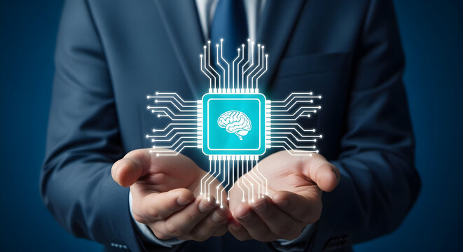 Man in suit holding a digital brain representing artificial intelligence and technology advancements in computing and neural networks for future innovation and machine learning concepts - Powered by Adobe
