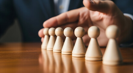 Hand protects wooden pawn figures on a table symbolizing leadership strategy and risk management in business insurance and team management scenarios for corporate success