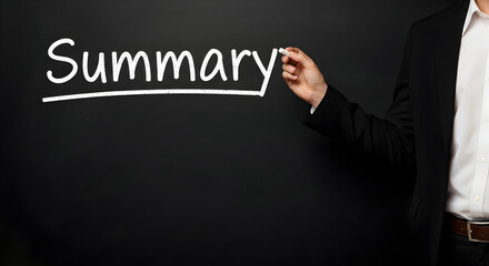 Business professional writing summary on a chalkboard with chalk presenting a concise overview of key points in a meeting or presentation highlighting essential information and conclusions