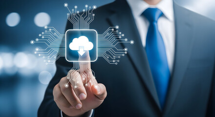 Businessman interacts with a digital cloud interface showcasing cloud computing data storage and modern technology solutions for business and personal use in the digital age