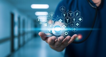 Doctor Holding Futuristic Medical Technology and Healthcare Icons in Hand.