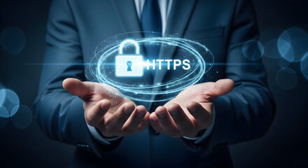 Man presents https security padlock in hands showcasing secure connection data protection and encryption technology for online safety cybersecurity and secure web browsing experience