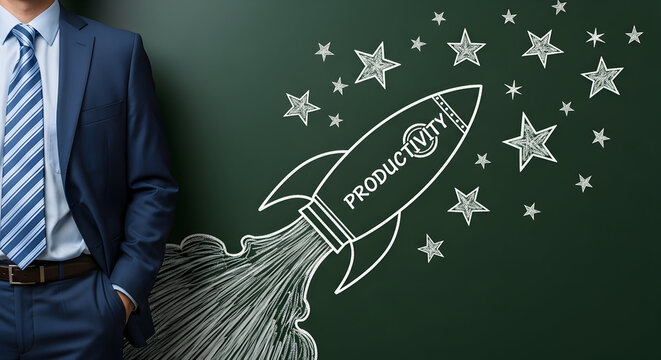 Businessman in a suit stands next to a chalkboard with a rocket ship drawing symbolizing productivity and success surrounded by stars representing growth and achievement in business and career goals - Powered by Adobe