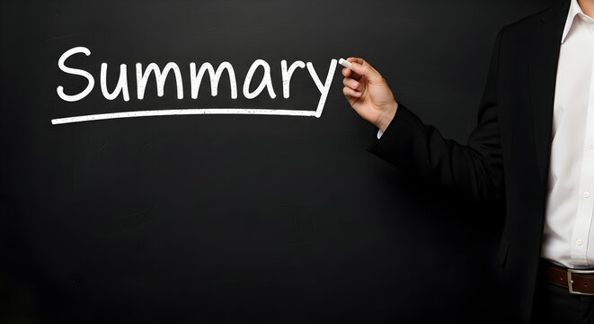 Business professional writing summary on a chalkboard with chalk presenting a concise overview of key points in a meeting or presentation highlighting essential information and conclusions