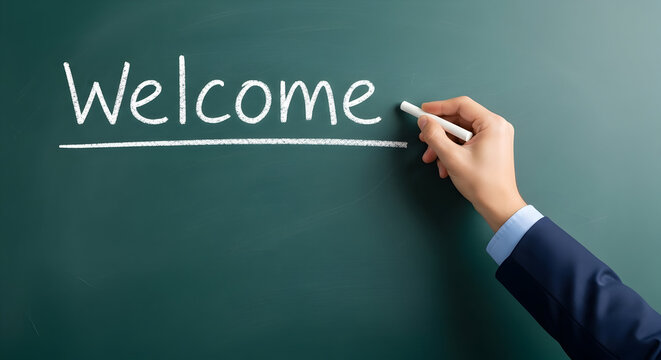 Hand writing welcome on a green chalkboard with white chalk creating a friendly and inviting atmosphere for students visitors or customers in a school business or event setting