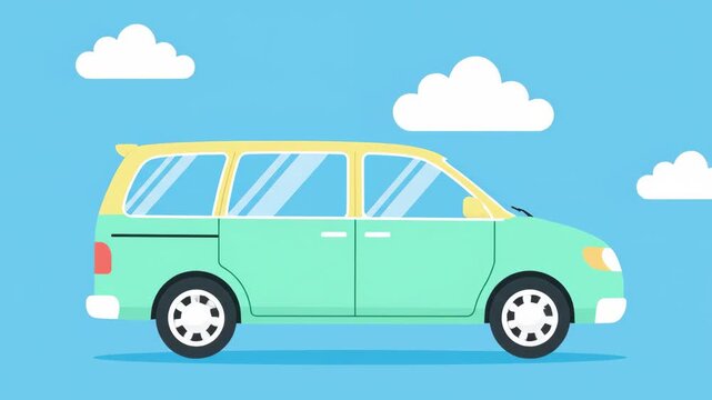 A mint green minivan with yellow trim drives under a bright blue sky with fluffy white clouds.