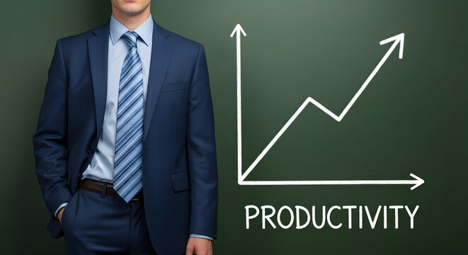 Businessman in a suit stands next to a chalkboard with a productivity graph showing growth and success in business finance and investment strategies for increased efficiency and profit