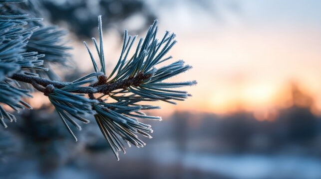 Evergreen pine needles covered in sparkling frost on a branch, capturing the serene cold beauty of winter morning nature
