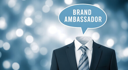 Headless businessman in a suit with a speech bubble that says brand ambassador against a blue bokeh background representing marketing and advertising for corporate brand building and promotion