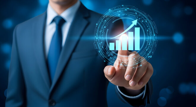 Businessman in a suit touching a digital interface with a rising bar graph and arrow symbolizing business growth success and financial progress in a modern technological environment