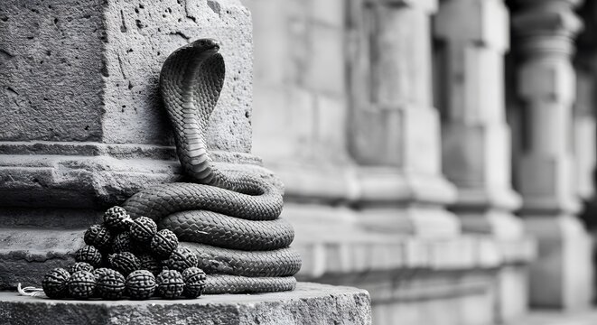 Monochrome Cobra Snake Coiled Around Rudraksha Beads at Temple Entrance
