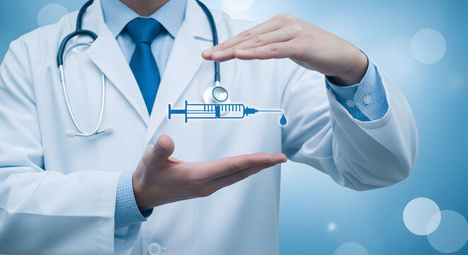 Doctor in a white coat presents a syringe graphic symbolizing healthcare vaccination and medical innovation set against a clean blue background for health and wellness campaigns and medical advertisin