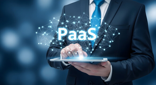 Businessman in a suit using a tablet displaying PaaS (Platform as a Service) with a network connection showcasing cloud computing and modern technology solutions for business applications and infrastr - Powered by Adobe